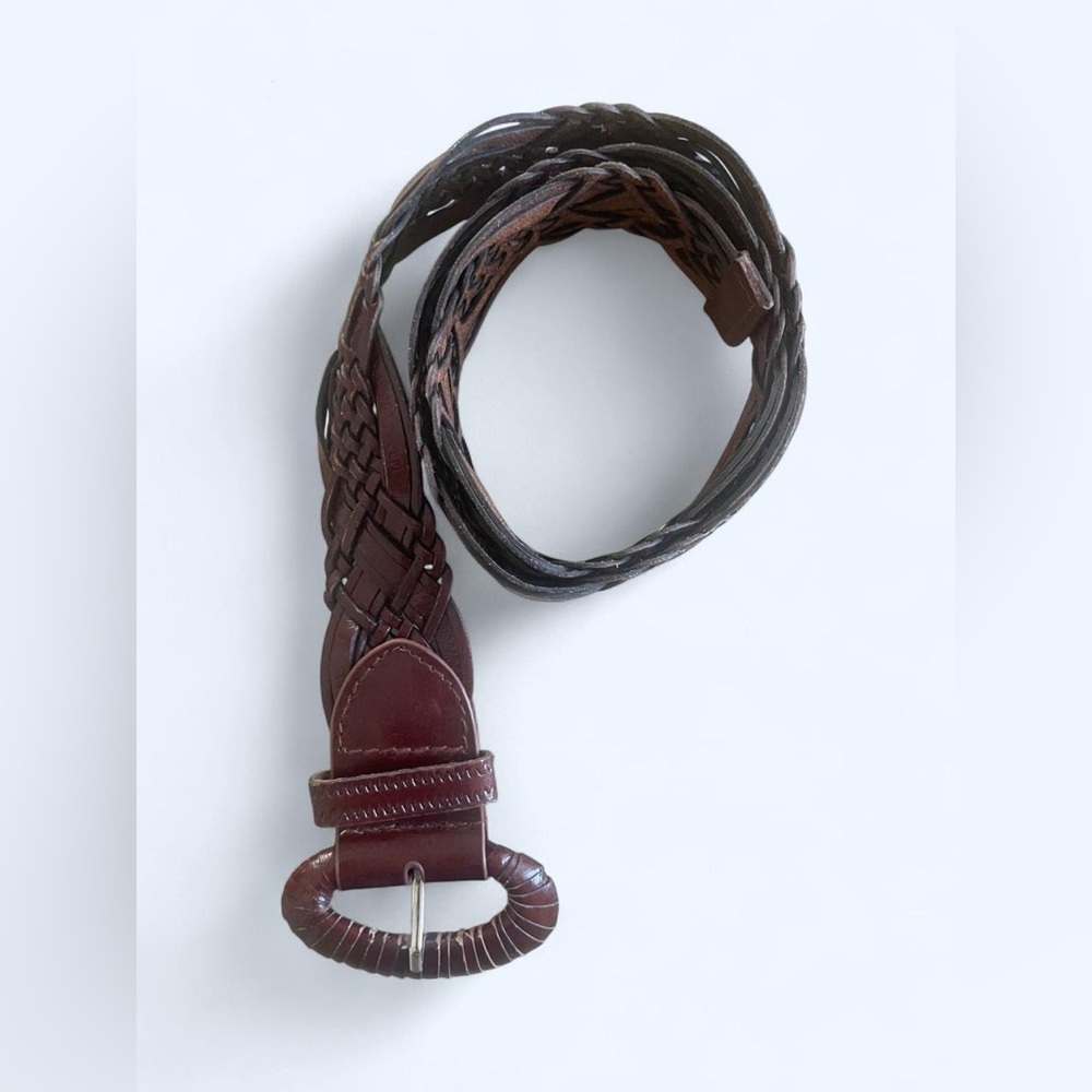 Brown burgundy leather braided belt with oval leather‎ buckle by Chinese Laundry